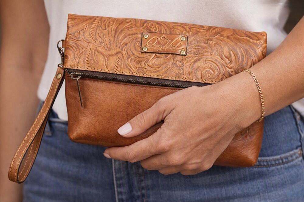 Patricia Nash Brown Tooled Leather Clutch Bag Purse Fold Over Top Zipper Closure